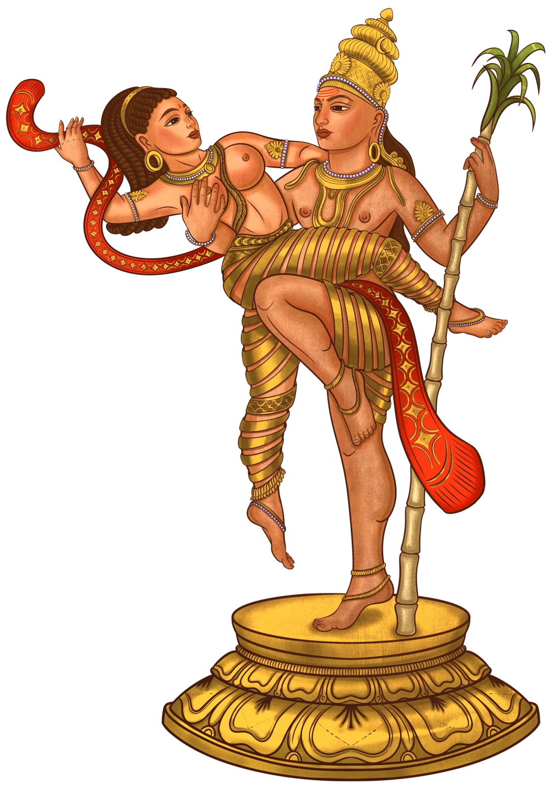 Kāmadeva und Rati – Gottheiten der Liebe und des Verlangens, die die Entstehung und Entwicklung liebevoller Beziehungen symbolisieren.