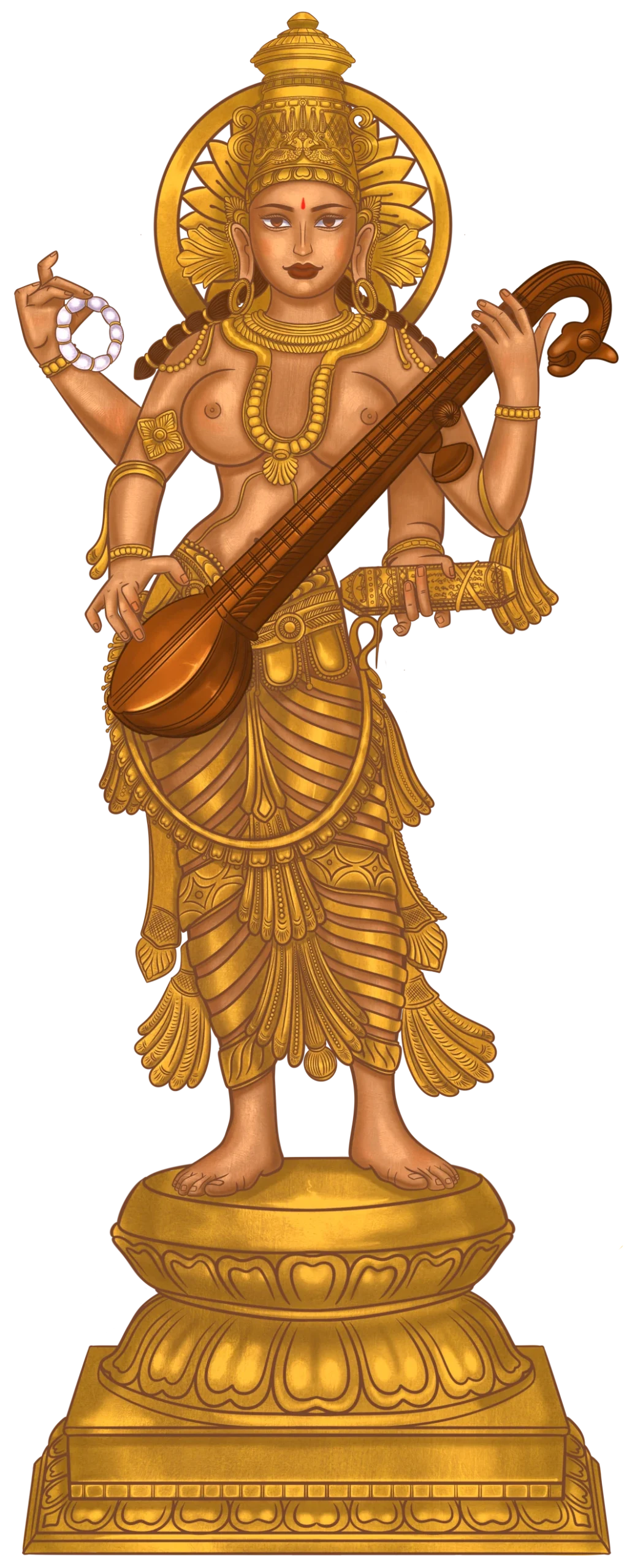 Sarasvatī Devī – Göttin der Weisheit, Kunst, Musik, Wissenschaft und Schrift, Ehefrau von Brahma.