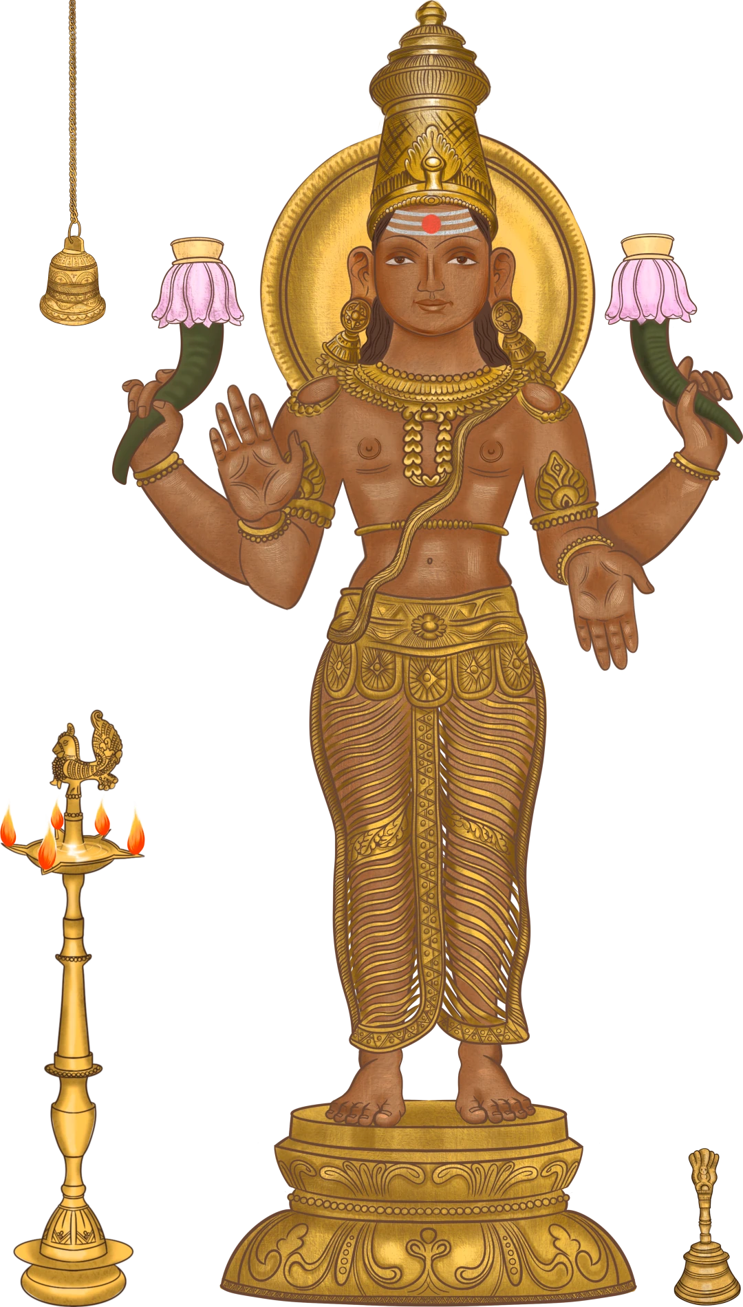 Sonnengott – Sūrya Deva, umgeben von Gegenständen, die bei religiösen Zeremonien verwendet werden.