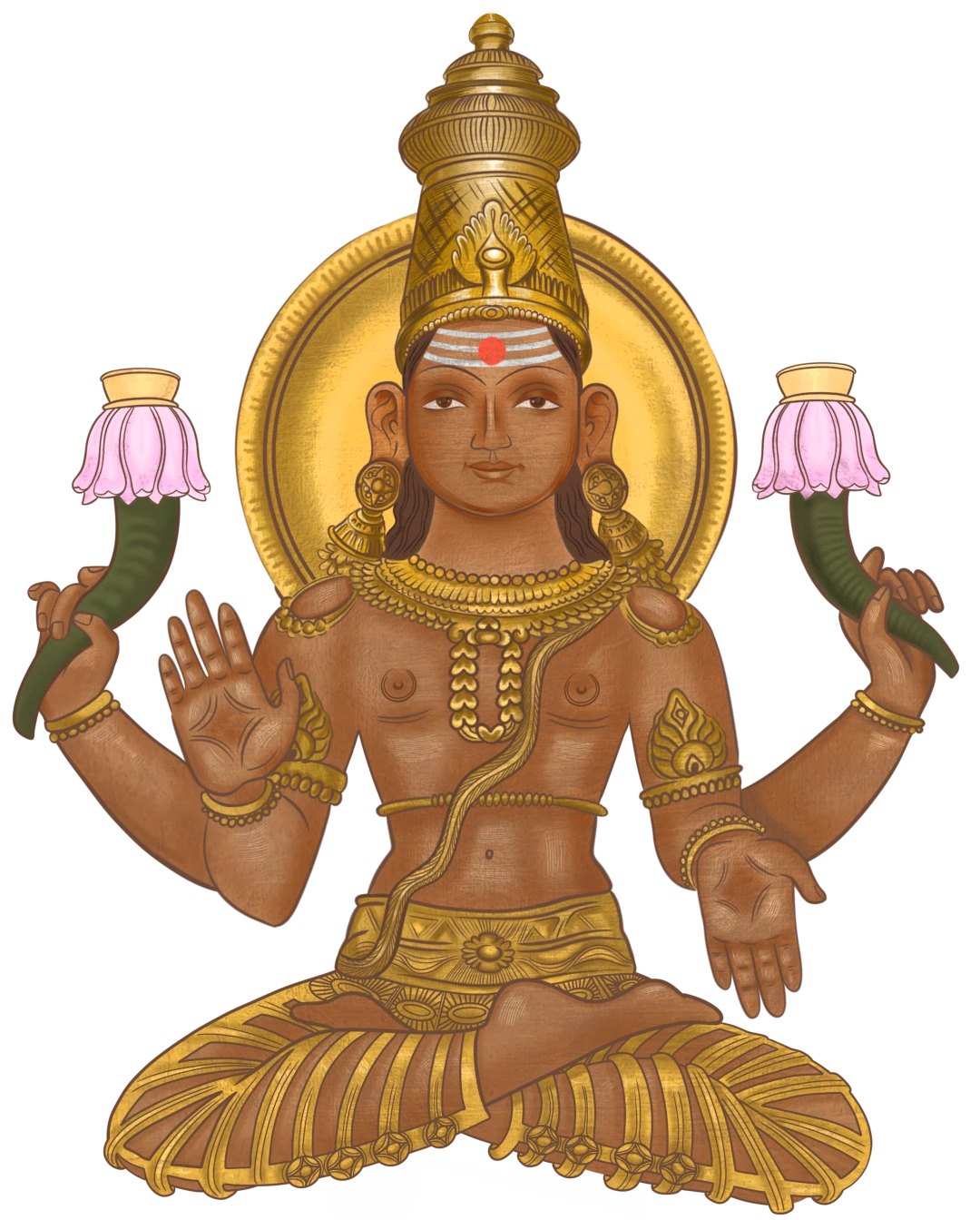 Sonnengott – Sūrya Deva mit dem Tripuṇḍa-Symbol auf der Stirn, das seine Verbindung zur Tradition Śaiva zeigt.