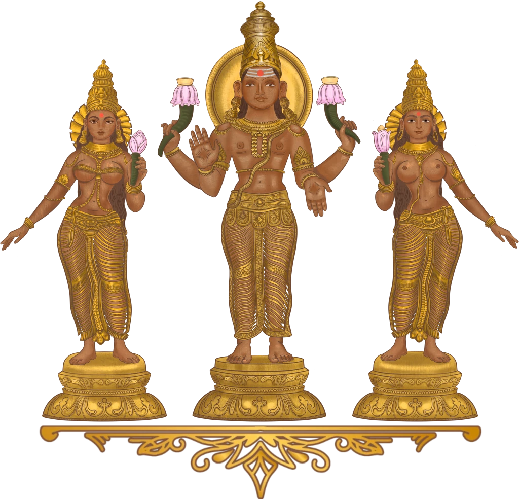 Sonnengott – Sūrya Deva und seine Ehefrauen – Göttinnen Saraṇyū (links) und Ćhāyā (rechts).